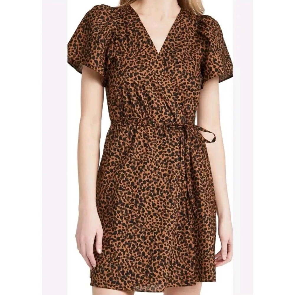 Madewell Wrap Mini Dress in Painted Leopard Flutter Sleeve Brown Black XS